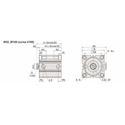 Cilindru pneumatic compact dubla actionare seria ACQ cu magnet, diametru Piston Ø32 mm