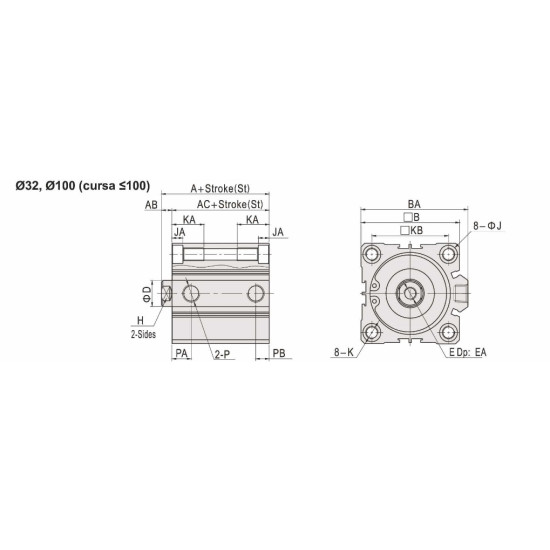 Cilindru pneumatic compact dubla actionare seria ACQ cu magnet, diametru Piston Ø32 mm