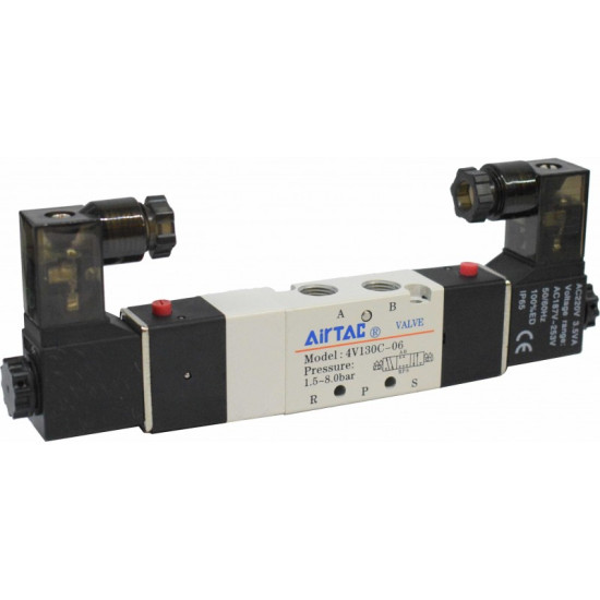 Electrovalva bistabila 5/3 seria 4V100 centrul inchis cu 2 bobine si 2 conectori cu led prezenta tensiune G1/8" 