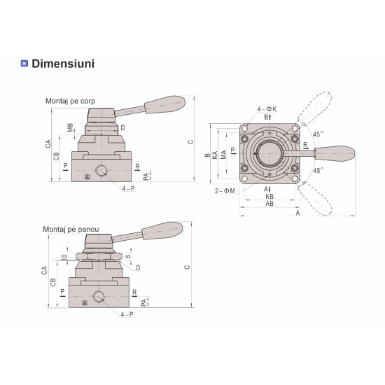 Distribuitor manual cu levier seria 200 schema 5/2 cu retinere 
