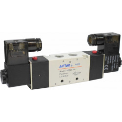 Electrovalva bistabila 5/3 seria 4V300 centrul inchis cu 2 bobine si 2 conectori cu led prezenta tensiune G1/4"