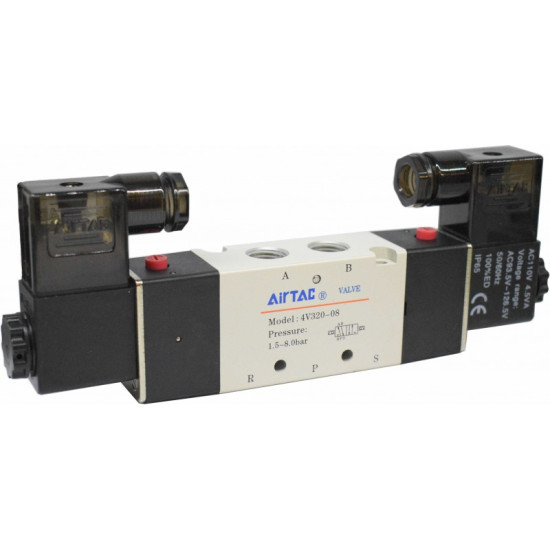 Electrovalva bistabila 5/3 seria 4V300 centrul inchis cu 2 bobine si 2 conectori cu led prezenta tensiune G1/4"