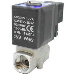 Vana control fluide din inox apa/aer/ulei/abur normal inchisa cu bobina si conector seria 2L filet 1/4
