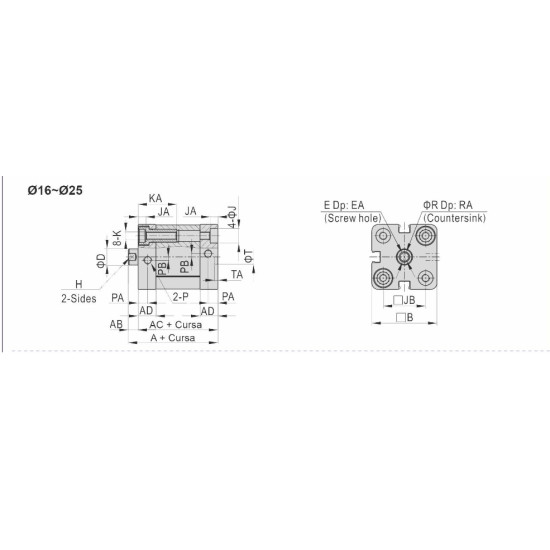 Cilindru pneumatic compact ISO 21287 dubla actionare seria ACE cu magnet diametru Piston Ø16