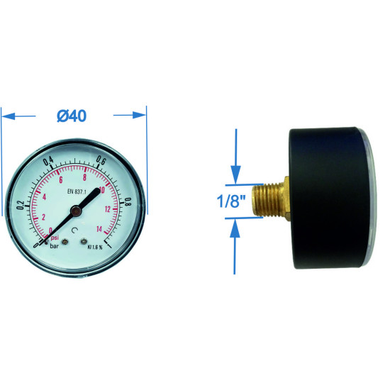 Manometru carcasa metalica posterior Ø40 0-1 bar