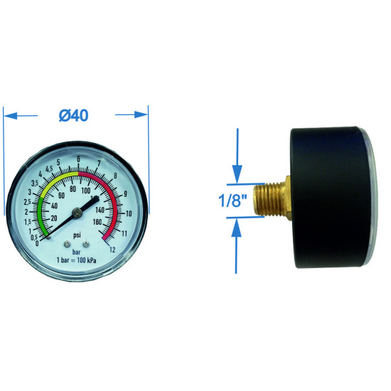 Manometru carcasa metalica posterior Ø40 0-12 bar
