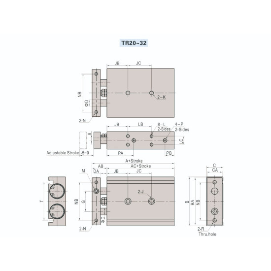 Cilindru pneumatic antirotatie cu 2 pistoane dubla actionare seria TR diametru Piston Ø32