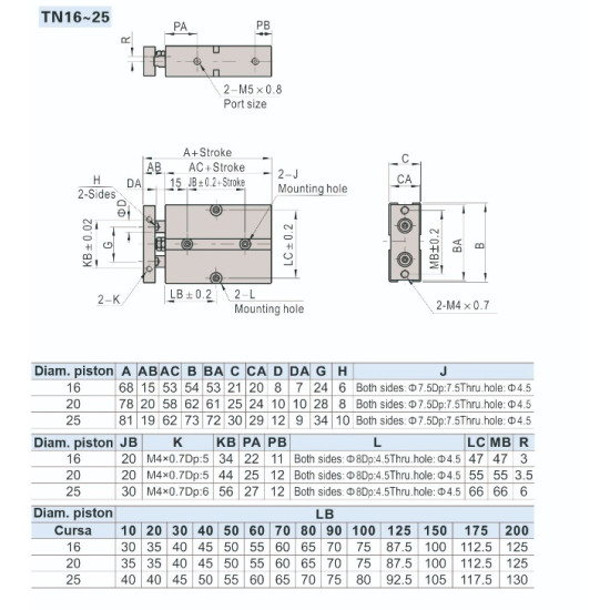 Cilindru pneumatic antirotatie cu 2 pistoane dubla actionare seria TN diametru Piston Ø25