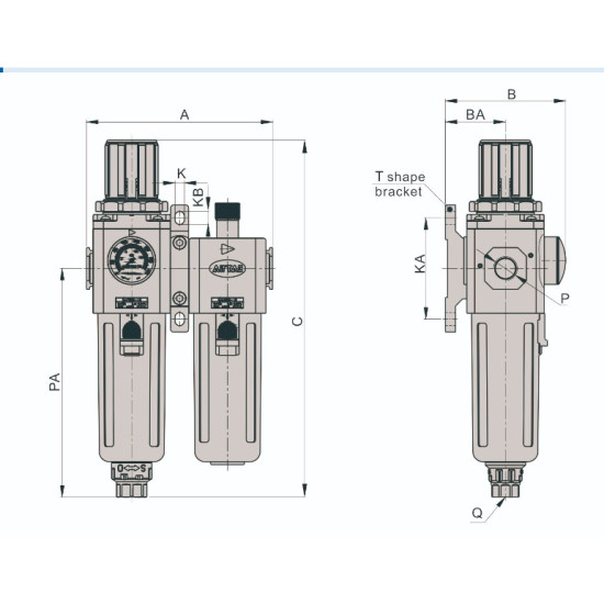 Unitate preparare aer FRL 40 microni cu manometru exterior seria GAFC  purjare semiautomata
